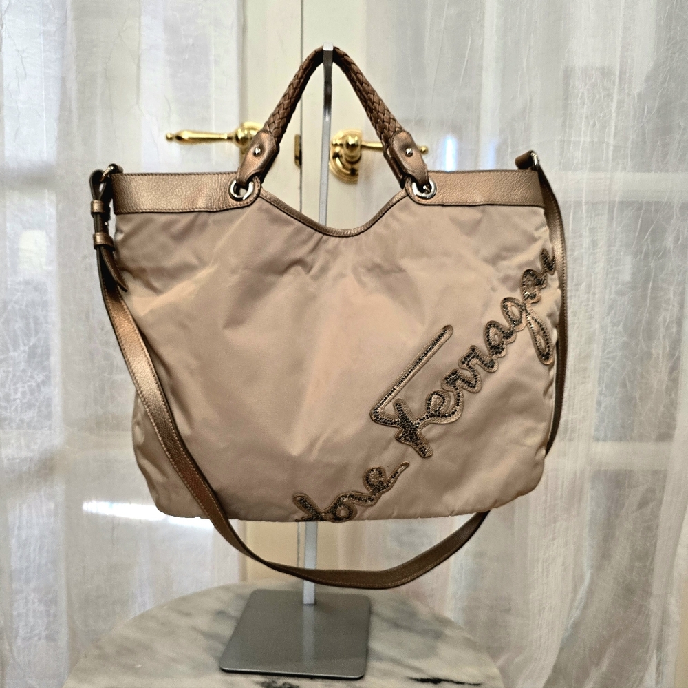 Salvatore Ferragamo Crystal Champagne Nylon Bag